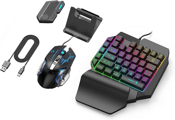 One-handed Gaming Keyboard and Mouse Combo Set, USB Wired Gaming Mouse, Wireless 5.0 Converter Adapter, Half Keyboard Sound with 35 Keys LED Backlit for Crisp Mechanical Experience, PUBG Mobile Gaming Adapter