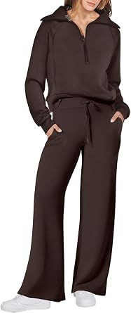 ANRABESS Womens 2 Piece Outfits Half Zip Sweatshirt & Wide Leg Pants Airport Travel Lounge Matching Sets Sweatsuits Clothing