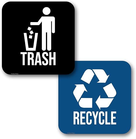Recycle and Trash Magnets for Kitchen Trash Cans and Recycling Bins, Indoor Trash and Recycle Magnet Combo for Garbage Can Logo Symbol, 2 Magnetic Sticker Adhesives, 5.5 Inch Square, Waste Bin (Blue)