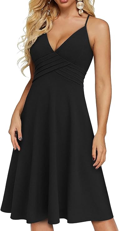 HOMEYEE Women's V Neck Pleated Spaghetti Straps Party Flare Dress A286