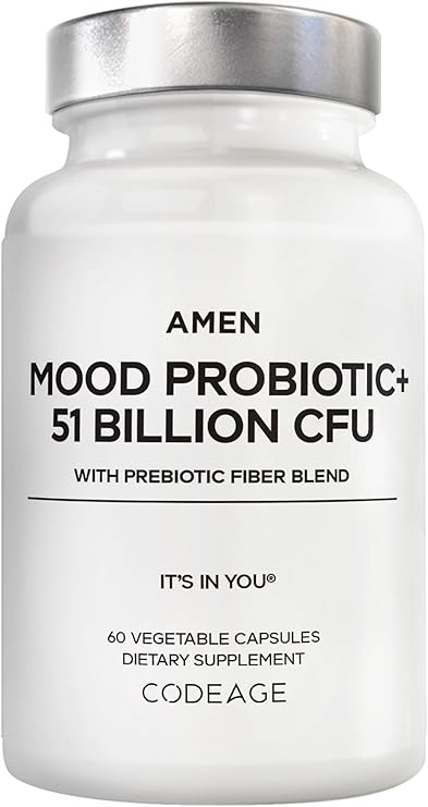 Amen Mood Probiotic Supplement 51 Billion CFU - Organic Prebiotics and Probiotics - Acidophilus Probiotic Pills, Fibers - Mood Organic Ashwagandha, Blueberries - Vegan & Non-GMO - 60 Capsules