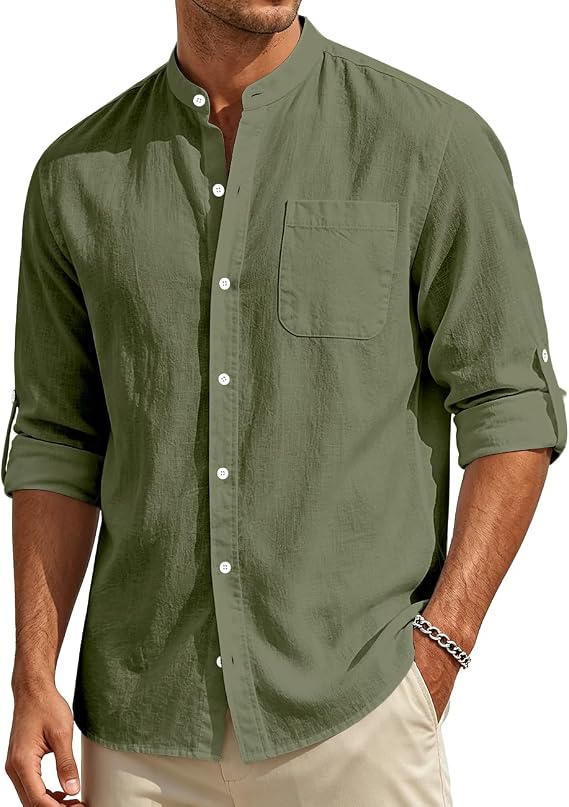 Men's Cotton Linen Shirt Long Sleeve Button Down Loose Fit Shirts Band Collar Beach Casual Top with Pocket