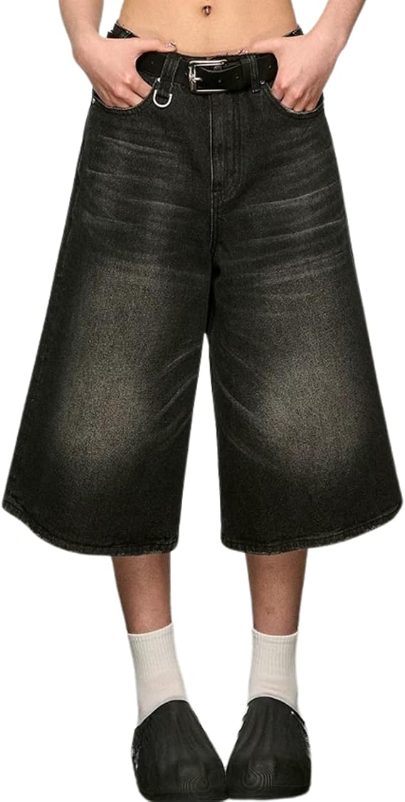 Jorts Women's & Men's Black Denim Shorts Jean Shorts Y2k Style Long Jorts Wide Leg Baggy with Pockets