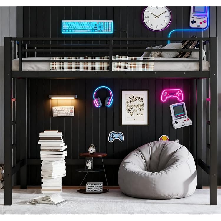 Bellemave Twin Loft Bed with 2 Ladder and Guardrails, Metal Loft Bed Frame, for Adults, Kids, Teens, Black