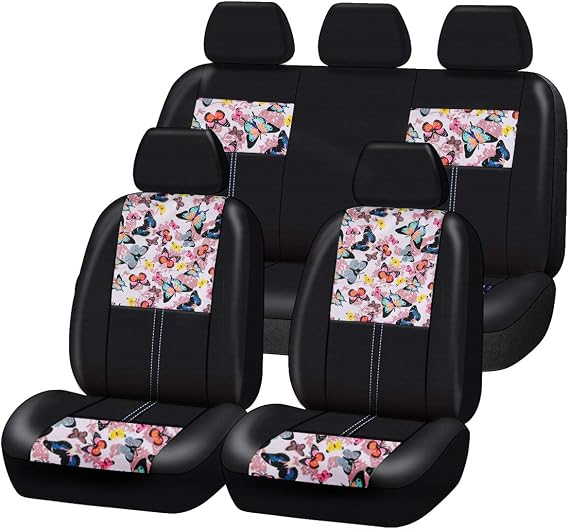 CAR-GRAND Butterfly and Flowers Leather Seat Covers Full Set, Pink Car Seat Covers with Zipper Design,Airbag Compatible,Universal Fit Sedans SUV,Cars,Vehicles (Black with Pink)