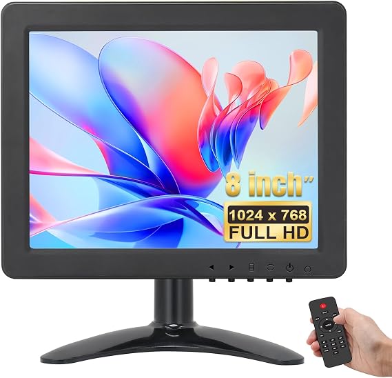OSCY 8 Inch Small Monitor, 4:3 HDMI Monitor 1024x768 Support HDMI/VGA/AV/BNC Input with Remote Control & Built-in Speakers, Mini Color Screen Display for Computer TV Raspi CCTV Camera Car