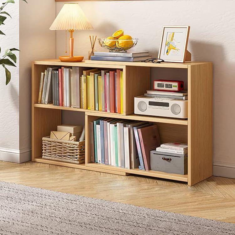 LITFAD Flexible Wooden Bookshelf Contemporary Style Floor Storage Cabinet Retractable Bookcase for Study Room Living Room and Office - Natural 43.3 L x 9.4 W x 25.2 H