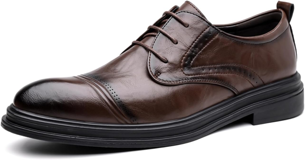 Men's Brogue Leather Lace up Dress Oxford Shoes Cap Pointed Toe Wingtip Low Top Non-Slip Casual Derby Shoes for Business Formal Dress Prom Party