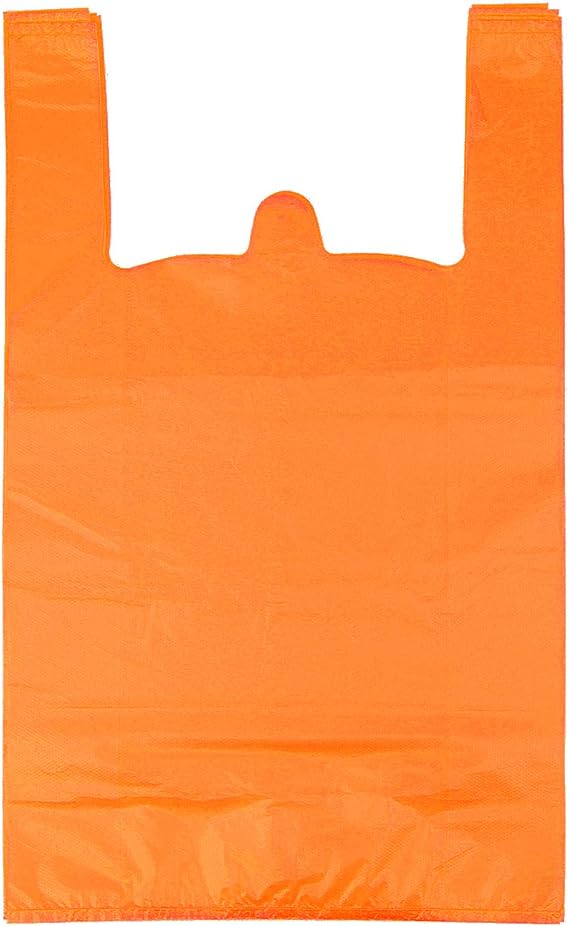 LazyMe T Shirt Bags Plastic Grocery Bags with Handles in Bulk for Shopping and Restaurant, 12 x 20 inch (Orange 100 Pcs)