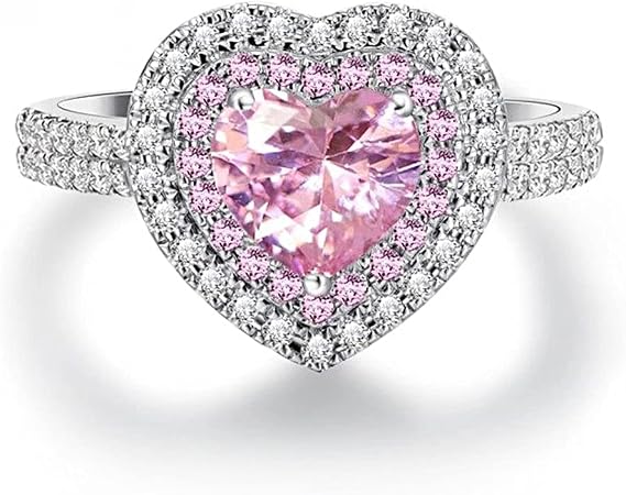 925 Sterling Silver Shiny Full Diamond Ring Cubic Zirconia Cocktail Rings CZ Diamond Ring Eternity Engagement Wedding Band Ring for Women Valentine's Day Gift Heart-Shaped Ring for Lovers (US Code 6)