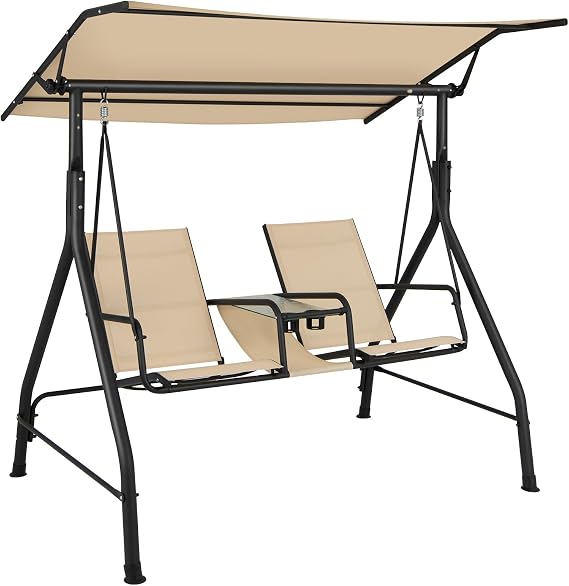 RELAX4LIFE 2 Seater Patio Swing Chair, Outdoor Porch Swing Bench Hammock Seat with Adjustable Canopy and and Tempered Glass Table, Garden Swing Loveseat for Backyard Poolside