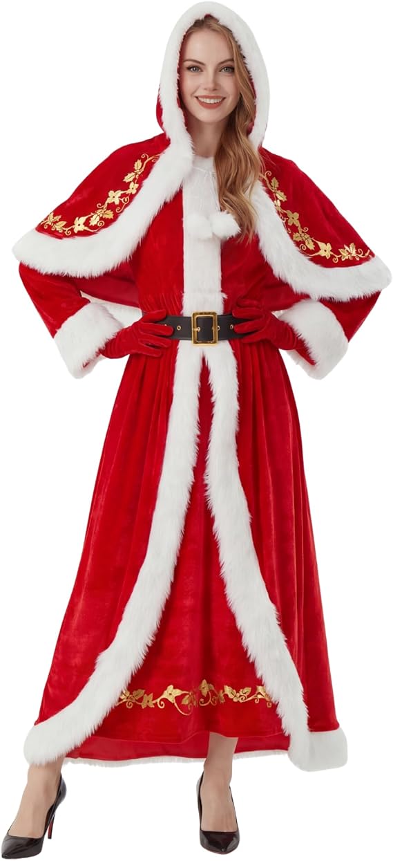 Mrs. Claus Costume for Women 4PCS Christmas Outfits Adult Santa Dress with Cape Belt Gloves for Xmas Party Holiday
