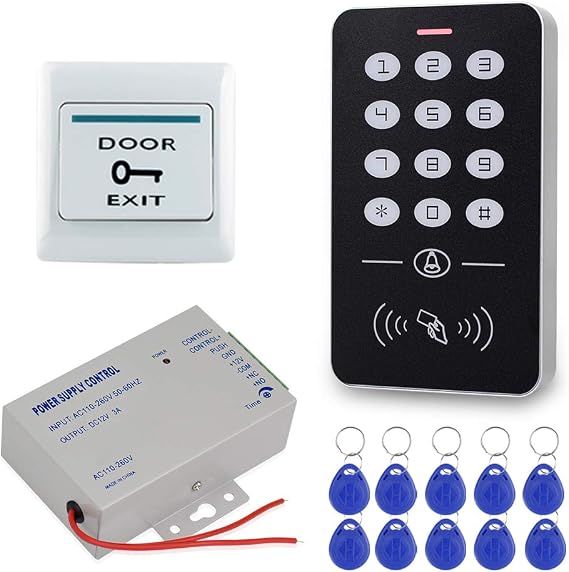 Access Control System Kit 125KHz RFID Keypad + DC12V 3A Power Supply Controller + Door Exit Button + 10pcs Keyfobs Card for Home Alarm Wooden/Metal/Glass Door