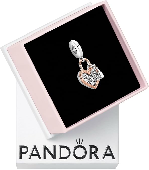 PANDORA Heart Padlock Double Dangle Charm - Gift for Her - Compatible Moments Rose & Sterling Silver with Cubic Zirconia - With Gift Box
