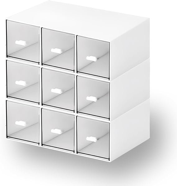 Stackable Desk Organiser 9 Drawers, Small Plastic Drawers, White