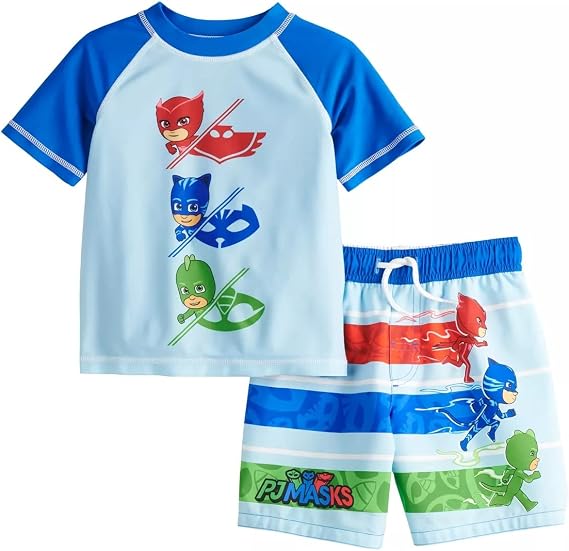 PJ Masks Toddler Boys Rash Guard Swim Trunks Set Blue 2T
