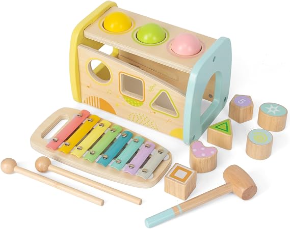 WOODENFUN Hammering Pounding Toys Wooden Educational Xylophone Shape Sorter