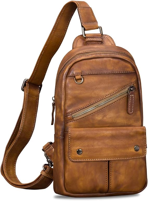 IVTG Genuine Leather Sling Bag for Men and Women Vintage Handmade Sling Backpack Shoulder Purse Crossbody Chest Bag (Brown)