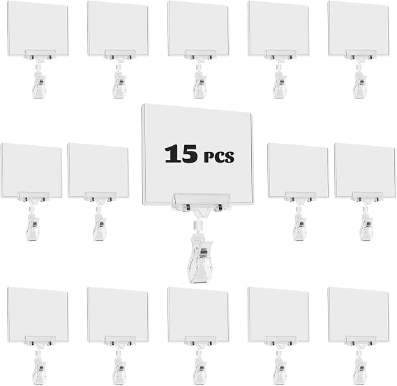 Plastic Sign Holder Clip, 15 Pack Double Head Rotating Clip On POP Swivel Sign Holding Clamp with Card Protector, Merchandise Sign Display Clip for Business Store Supermarket Office Exhibition