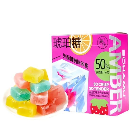 Japanese Crystal Amber Gemstone Candy, Amber Sugar Crystal Candy, Mixed Fruit Flavors, Crunchy with Chewy Center, Individually Wrapped, 80g, Gluten-Free, Good Party Favors & Gift Idea
