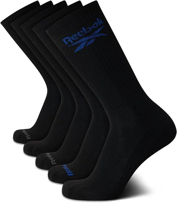 Reebok Mens Crew Socks - Moisture Wicking Athletic Cushioned Socks, 5 Pack | Stretch Performance, Reinforced Heel & Toe, Arch Support, Mid Calf Stay-Up Cuff, Shoe Size 6-12.5