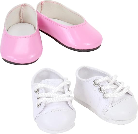 Sophia's 14.5" Doll Set of Shoes - Faux Pink Leather Dress Shoes and White All-Star Canvas Sneakers