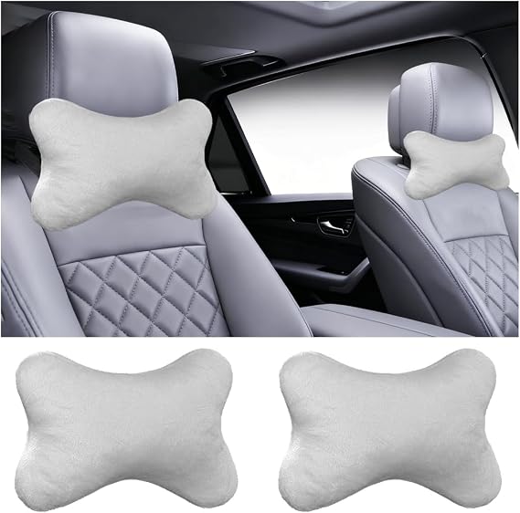 2PCS Car Headrest Pillow, Soft Breathable Vehicle Neck Pillow Cushion with Adjustable Strap, Ergonomic Automotive Interior Head Rest Pad Accessories, Universal Fit (Gray)