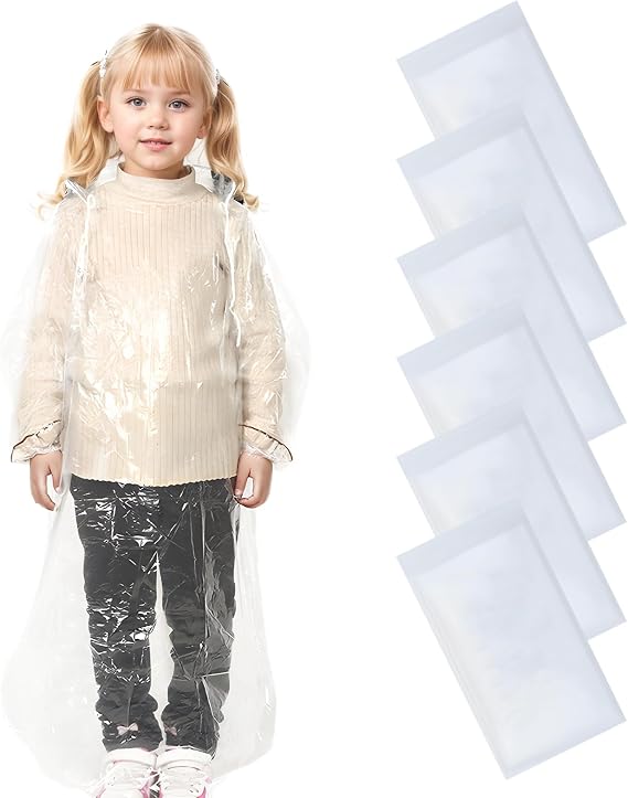Disposable Rain Ponchos for Kids 6 Pack,Toddler With Hood Clear Kids Suitable for Your Pocket, Purse, Backpack or Wallet Thicker with Sleeve