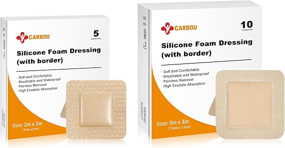 Carbou Silicone Foam Dressing with Adhesive Gentle Border,10 Pcs 3"x3" and 5 Pcs 2"x2" Waterproof Wound Dressing Bandage,High Absorbency Pad, Foam Bandage for Wound Care 10 Pack