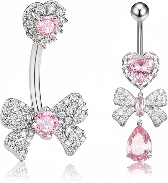 Belly Button Bars – 2 Pcs Pink Dangly Set, Heart Bow Dangly Belly Button Bars, Stainless Steel Belly Button Piercing 10mm Bar, Decorative Bananabells Jewellery for Women