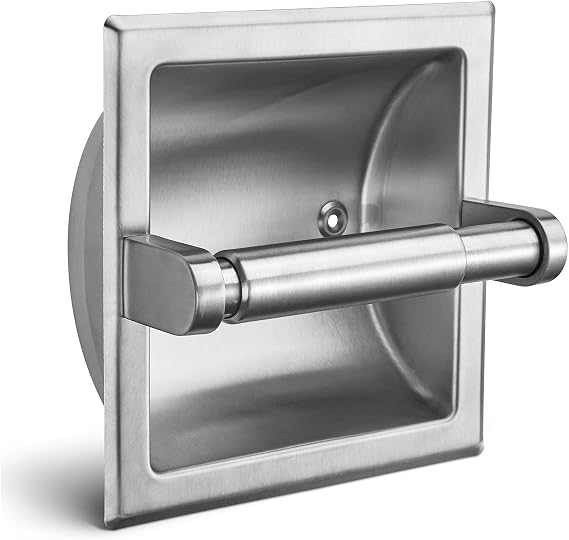 JunSun Recessed Toilet Paper Holder Brushed Nickel Stainless Steel Toilet Paper Roll Holder Tissue Holder Modern Tissue Roll Holder 6" X 6" Square Jumbo Mega Roll Holder Rear Mounting Bracket Included