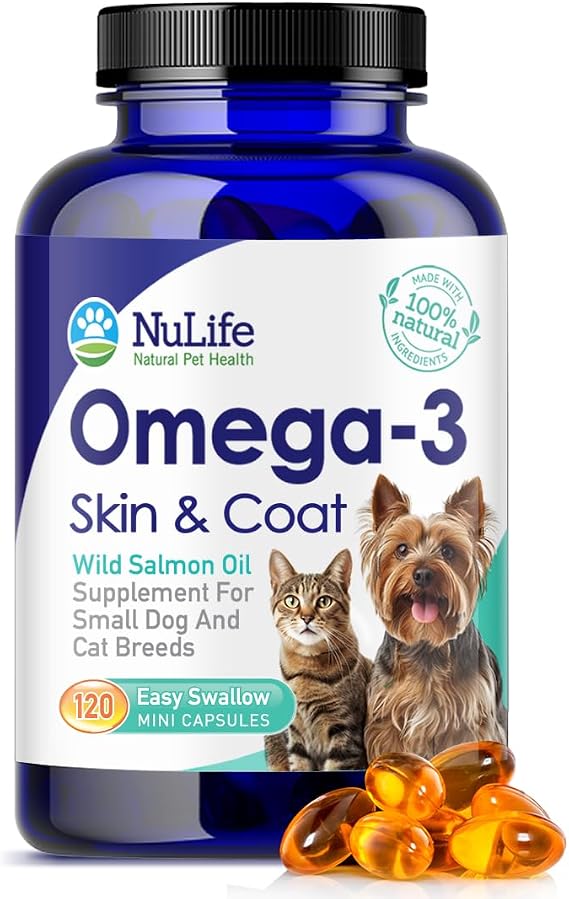 Omega 3 Fish Oil for Small Dogs & Cats - Pet Fish Oil Supplement with DHA & EPA Fatty Acids for Healthy Skin and Coat - Improves Shedding & Relieves Dry, Itchy Skin - 500mg - 120 Capsules