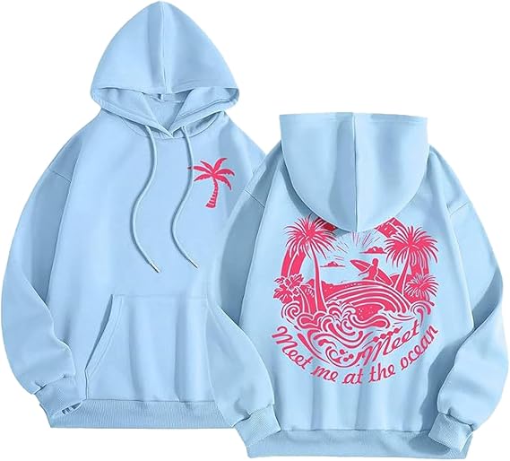 Cute Palm Puff Hoodie for Women, Aesthetic Preppy Hibiscus Flower Pink Puff Hoodies Kawaii Hawaii Palm Pullover