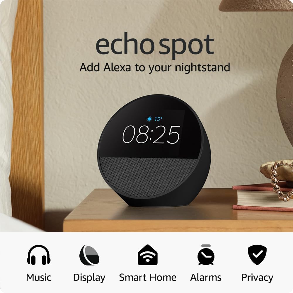 Echo Spot (newest gen), Smart alarm clock with vibrant sound, Black, with Alexa+ Early Access