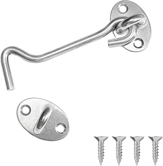 Quacc 4 Inch Hook and Eye Latch, Door Latch Stainless Steel with 4 Screws | Heavy Duty Hook and Eye Latch, for Door, Windows, Cabinet Closet, Garage Gate, Fence (Silver)