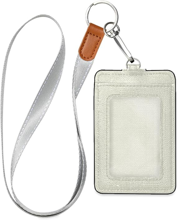 Cream Solid Color ID Badge Holder with Lanyard Leather Credit Card Holder with 1 Clear Window and 2 Card Slots for Office School Staffs