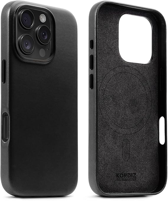 KORDIZ Full Grain Leather iPhone 16 Pro Case - MagSafe Compatible, Wireless Charging, Custom Metal Buttons, Camera Bezel Protection, Raised Edges - Black