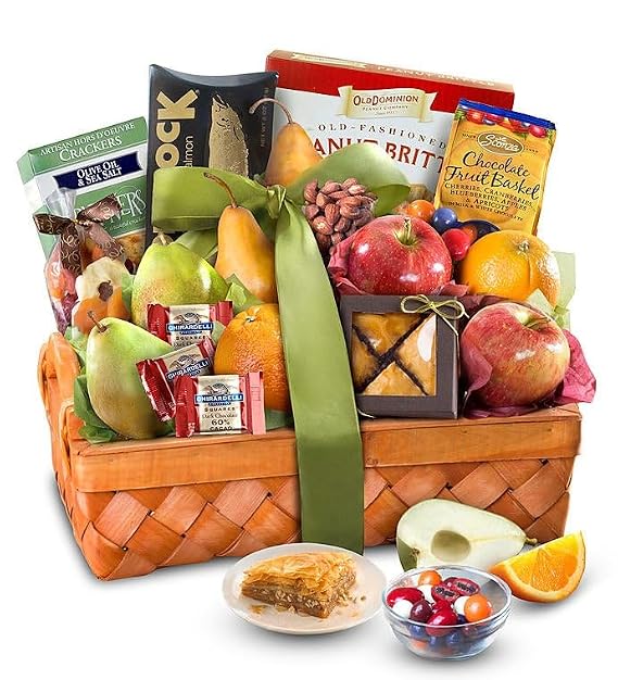 GreatFoods Deluxe Kosher Fruit and Sweets Gift Basket, Gourmet Food Gift with Apples, Pears, Oranges, Baklava, Chocolate, Smoked Salmon, Crackers, Perfect for Holidays, Corporate, Any Occasion
