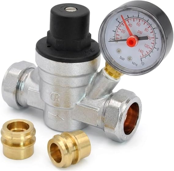 Pressure Reducing Valve 15mm & 22mm, Adjustable 1-6 Bar Brass Water Pressure Regulator with Gauge for Compression and Copper Pipe, Hulthor