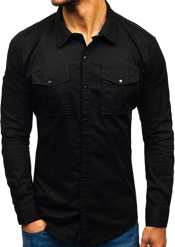 Men Long Sleeve Hiking Shirts Lightweight Tactical Button Down Cargo Shirt Solid Color Slim Fit Shirt with Pockets