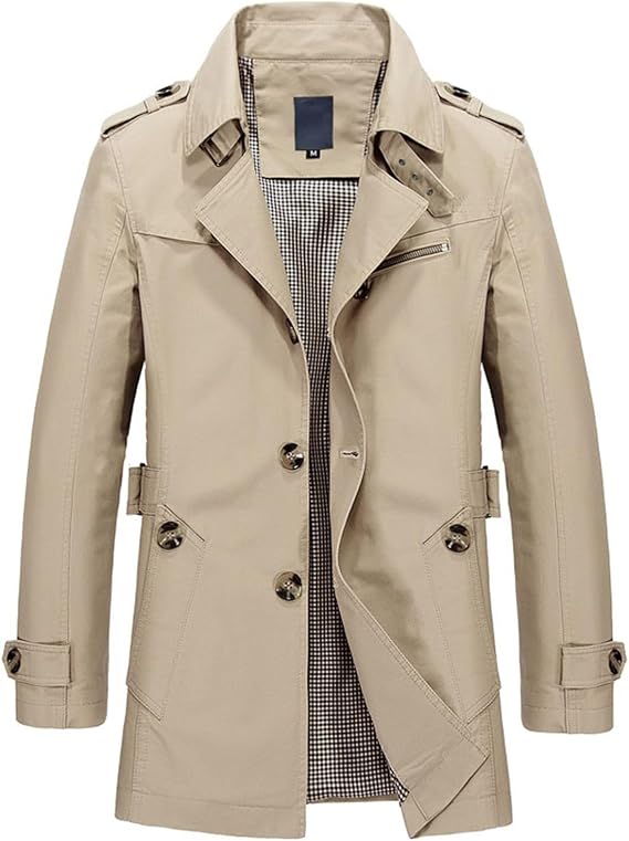 Men's Classy Trench Coat Long Sleeve Lightweight Topcoat Vintage Fall Top Collared Single Breasted Slim Fit Jacket