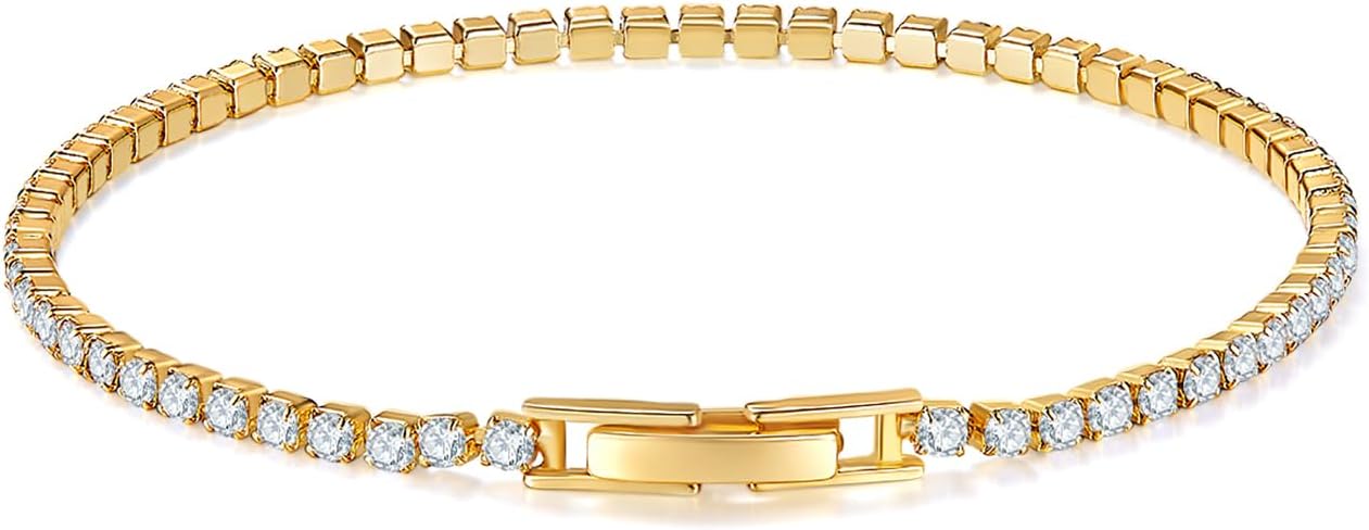 MINDDHA Tennis Bracelet | 2mm 14K Gold/White Gold Plated Cubic Zirconia Silver, Gold Bracelets for Women | Elegant CZ Tennis Bracelet for Women, Thin, Dainty, Classic, Size 5.5-8 Inch