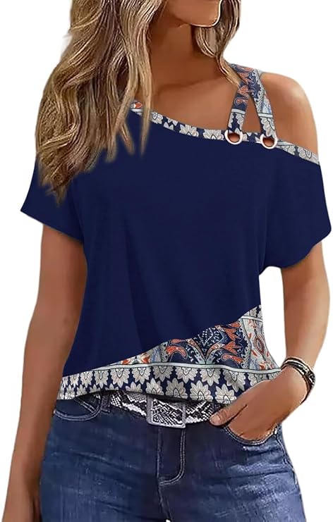 Womens Summer Trendy Cold Shoulder Short Sleeve T Shirts Criss Cross Casual Loose Tunic Shirts Tops Blouses