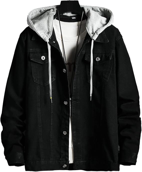 Mens Classic Denim Jacket With Hoodies Slim Fit Jean Jacket Coat