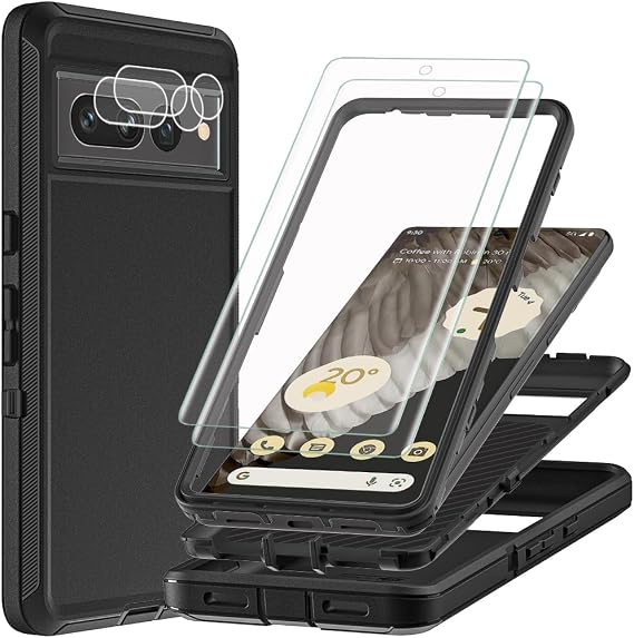 for Google Pixel 7 Pro Case with 2Pcs Self Healing Flexible TPU Screen Protector & Camera Lens Protector, 3 in 1 Heavy Duty Shockproof/Drop Proof/Dust Proof Case (Black/Black)