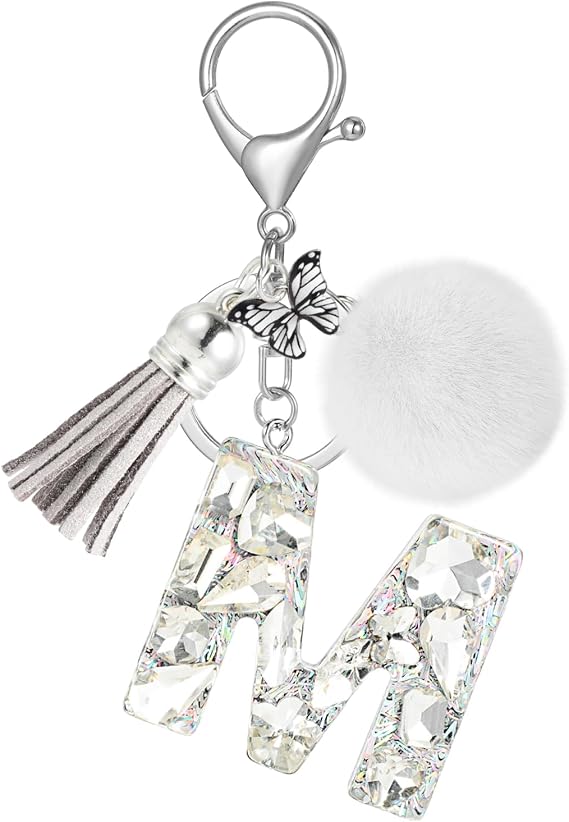 JSRQT Bling Initial Letter Keychains, Rhinestone Alphabet Car Keyrings for Women, Butterfly Tassel Pendants Bag Charm