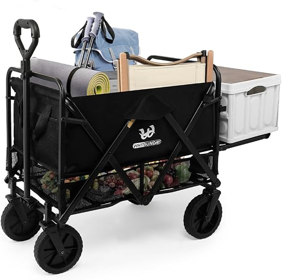 Collapsible Double Decker Wagon with Tailgate, Foldable Heavy Duty Foldable Wagon Cart with Wheels, Beach Wagon for Camping, Sports, Shopping, Garden Black, Large