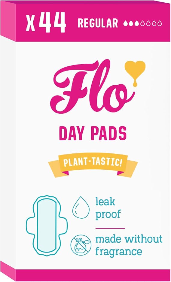 Flo - Day Menstrual Pads (44 Pack) - Organic Bamboo Period Pads for Women - Regular Flow - Leak Locking - Winged, Ultra-Thin - Absorbent, Soft & Breathable - Plant Based Vegan, Cruelty Free
