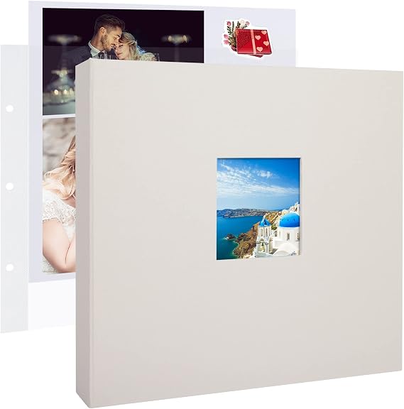 1DOT2 12x12 Inch 3 Ring DIY Scrapbook Photo Album, Beige | 30 Plastic Sleeves, 60 White Pages, Linen Cover, Blank Scrapbooks, For Baby Travel Wedding Graduation Kids