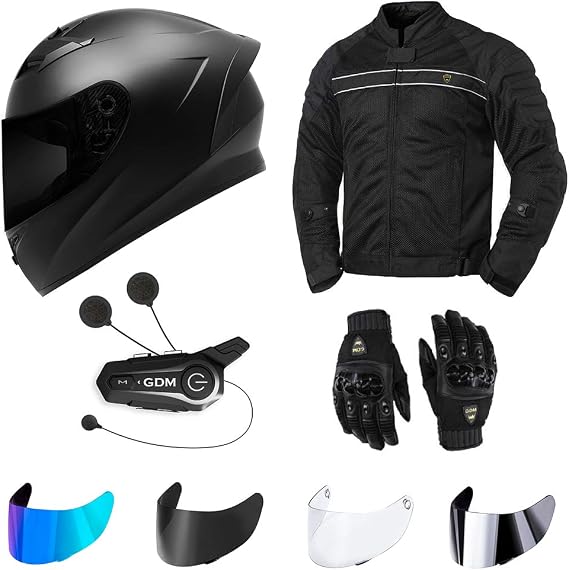 GDM Motorcycle Protective Gear Bundle (Starter Connect Pack) - Helmet, Jacket, Gloves, Shields, Bluetooth Intercom